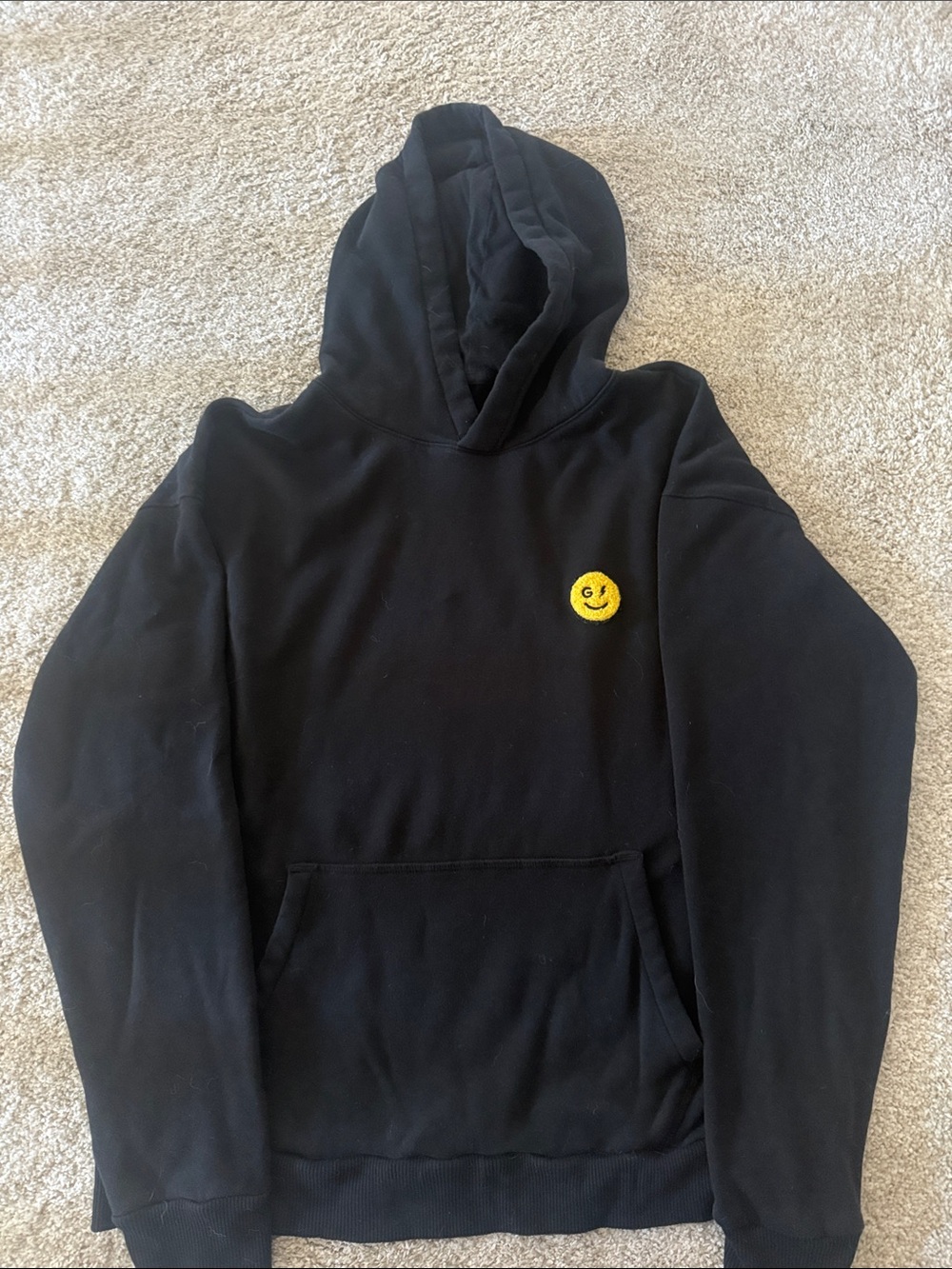 Gilly Hicks Black Crewneck Hoodie with Yellow Smiley Patch